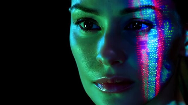 Woman with Colorful Light Projections on Face