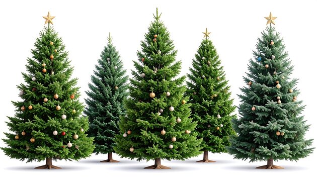 Festive Christmas Trees Collection with Decorated with Ornaments, and Isolated on White.