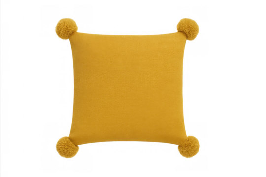 Yellow accent pillow with decorative pom-poms, soft textile cushion for home decor, isolated with transparent background