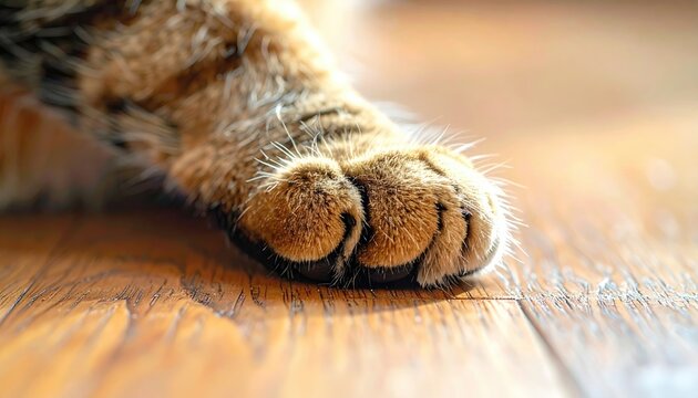 Close Up Of A Tabby Cat Paw With Sandy Fur Resting On A Polished Wooden Floor With Soft Natural Light Illuminating The Scene