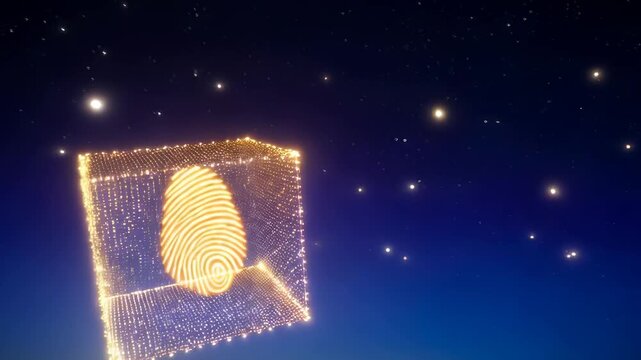 Glowing Fingerprint in Digital Cube Against Starry Sky