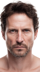 Obraz premium Intense close up portrait of a serious middle aged man isolated on transparent background.