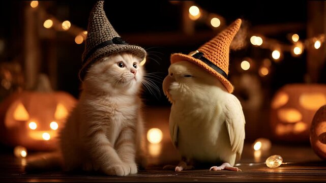 Cute kitten and parrot wearing knitted witch hats sitting together among glowing pumpkins and lights. Concept of adorable Halloween friendship.