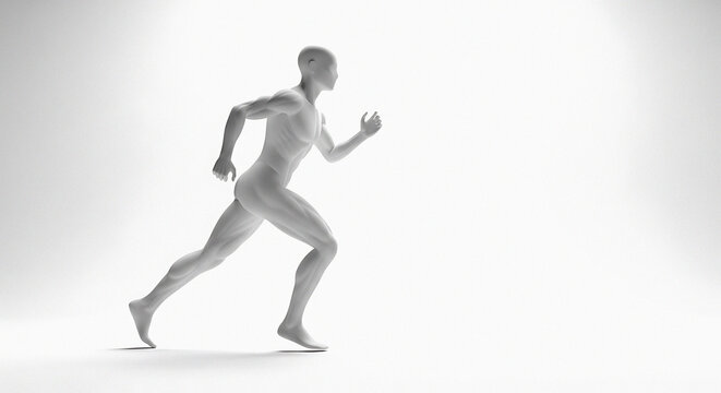 Dynamic 3D human figure sprinting powerfully against a clean white backdrop, perfect for fitness, healthcare, and wellness advertising campaigns