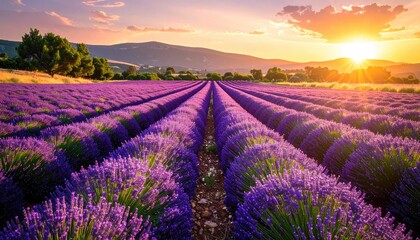 Obraz premium Lavender Field At Sunset With Rolling Hills And Golden Light In Provence France