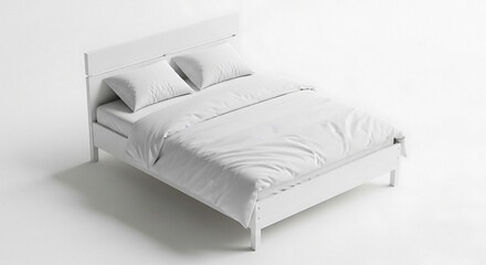 Minimalist all-white bed with pristine bedding creates a sense of calm and relaxation, perfect for sleep-related advertising and home decor inspiration