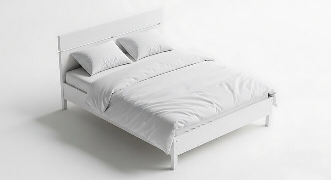 Minimalist all-white bed with pristine bedding creates a sense of calm and relaxation, perfect for sleep-related advertising and home decor inspiration