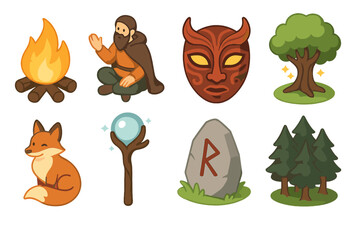 Folklore & Legends set icons in modern isometric flat vector style: campfire, storytelling figure, mask, enchanted tree, trickster fox, magical staff, rune stone, mysterious forest