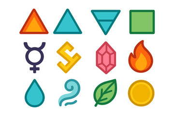 Elemental Alchemy Icons flat icons: fire triangle, water triangle, air triangle, earth square, mercury symbol, sulfur mark, salt crystal, flame, droplet, vapor swirl, leaf, metal