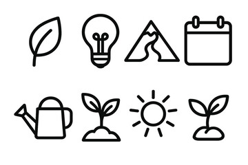 New Year Growth outline icon set: green leaf, light bulb, mountain peak, open path, calendar page, watering can, seedling, radiant sun.