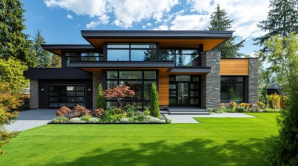 Sleek contemporary house with lush green lawn, trees, blue sky