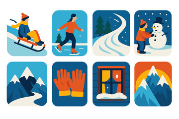 Frosty Escapades flat icons: sled ride, ice rink, winter forest, snowstorm path, snowman building, warm gloves, cabin window, frosty peaks.