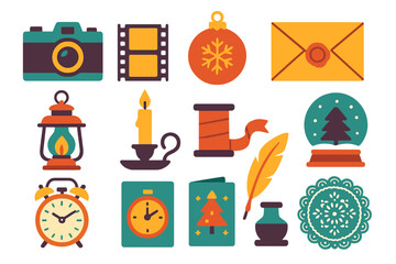 Holiday Memories Vintage Charm flat icons: film camera, photo reel, glass ornament, letter with wax seal, lantern, vintage candle holder, ribbon spool, snow globe, classic clock,