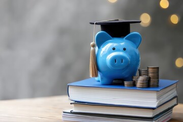 Piggy bank wearing a graduation cap and standing on stacks of books with coins, representing education savings and college funds