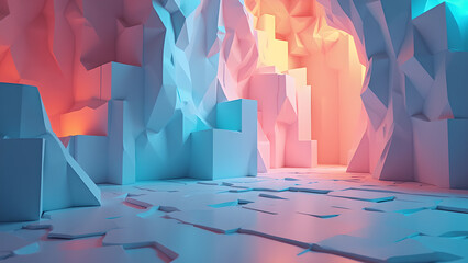 Abstract geometric room with pastel colors creates a dreamy and surreal atmosphere evoking