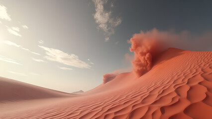 Abstract landscape featuring undulating sand dunes and wisps of reddish dust against a serene sky,
