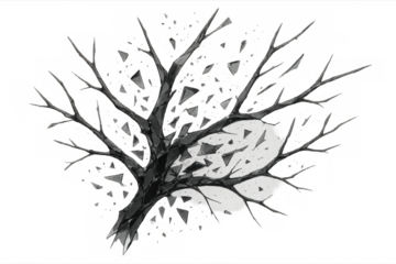 Shattering glass tree revealing a bright light, representing environmental fragility and breakthrough solutions