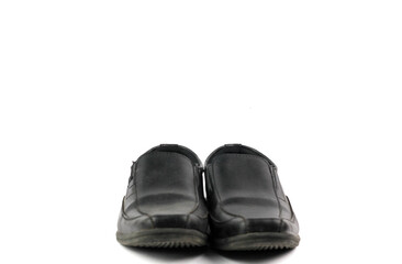 two elegant black leather business slip-on shoes placed on a clean white background, showcasing their design and style suitable for formal occasions.