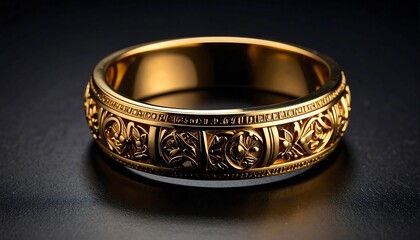 Intricate Gold Ring with Floral Design on Dark Background with Luxury Jewelry.