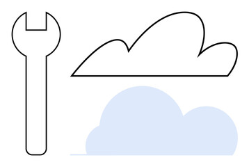 Cloud outline paired with a wrench symbolizes cloud computing, technical maintenance, and service upgrades. Ideal for technology, IT solutions, repair, innovation, networking, data storage simple