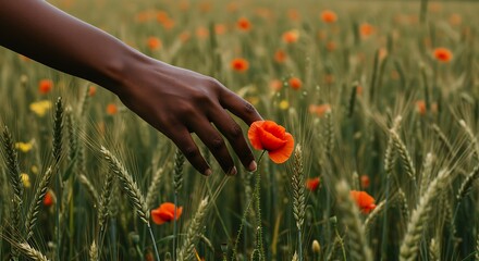 Dark skinned hand gently touching bright orange poppy flower in wheat field image