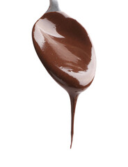 Tasty melted chocolate flowing down from spoon on white background