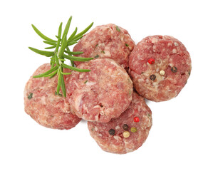 Fresh raw meat patties with rosemary and peppercorns isolated on white, top view