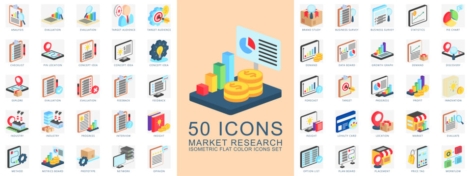 Market Research isometric flat color icons set. contain analysis, evaluation, statistic, growth graph, industry and more. Vector for modern concept, print, UI, UX kit, web and app development.