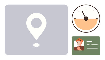Location pin in focus, analog speedometer gauge, and profile card with avatar and text. Ideal for navigation, tracking, speed analysis, identity verification, logistics, usability or interface
