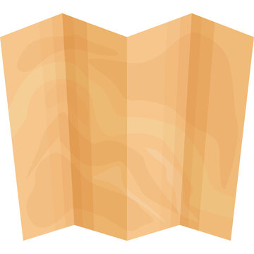 A light brown colored paper map folded into sections with wood grain texture pattern and transparent background