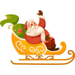 A Jolly Santa Claus Rides in a Sleigh Laden with Gifts Under a Green Bag with a Red Berry Accent and a White Turban Cap and Red Outfit with Brown Boots and Gloves on a White Background