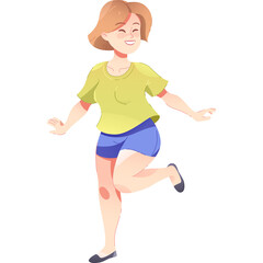 A Joyful Woman With Short Blond Hair And A Light Yellow Shirt And Blue Shorts Dances Energetically With A Transparent Background