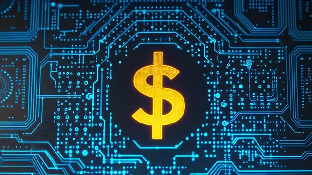 Digital Dollar Symbol on Circuit Board Background