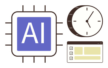 Microchip with AI label, analog clock, and task checklist interface. Ideal for innovation, time management, automation, productivity, scheduling workflow problem-solving. Perfect simple flat