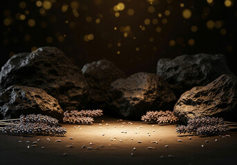 Black friday banner background with a podium platform; black and gold stuff on a dark scene for product stand