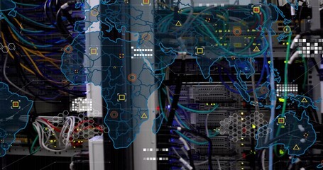 Showing server racks routing network data in data center, with Ethernet cables and digital overlay