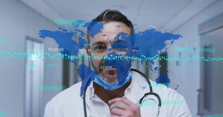 Male doctor adjusting surgical mask in hospital corridor, with stethoscope and world map overlay