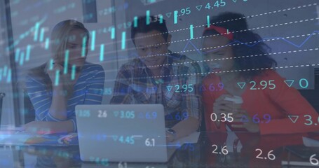 Analyzing stock trends, three professionals collaborating in high-tech office, with laptop, charts