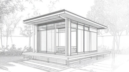 Pencil sketch of a modern minimalist pavilion in a serene garden setting