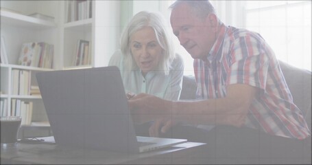 Leaning forward senior couple examining laptop screen in living room with dark drink and bookshelf