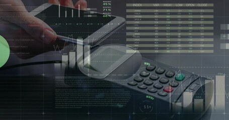 Processing mobile payment with hand holding smartphone over terminal at checkout with data overlays