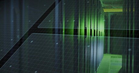 Illuminating green LED-lit server racks lining server room aisle, with grid overlay, copy space