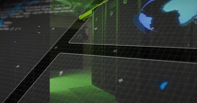 Displaying server racks glowing with green LED lighting in data center, with translucent UI panels