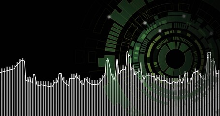 Naklejka premium Showing digital interface with white equalizer bars and jagged waveform on black, green HUD rings