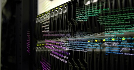 Showing network switch blinking LEDs and Ethernet cables in datacenter overlaying programming code © vectorfusionart