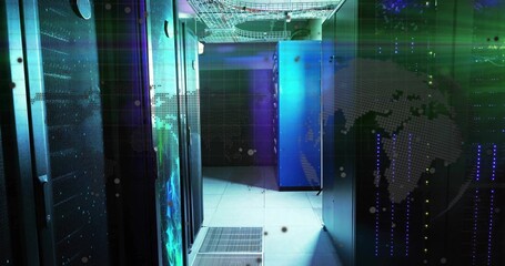 Showcasing blue server cabinet standing in data center aisle, with overhead cable tray