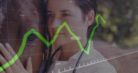 Stethoscope-clad vet pressing against horse muzzle outdoors, monitoring health via grid overlay