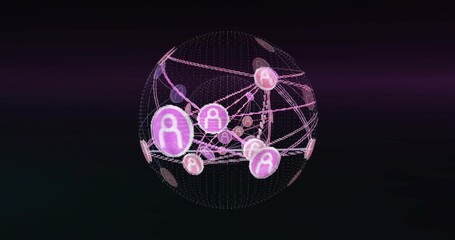 Floating network globe showing glowing user-profile icons linked by dotted lines in digital space