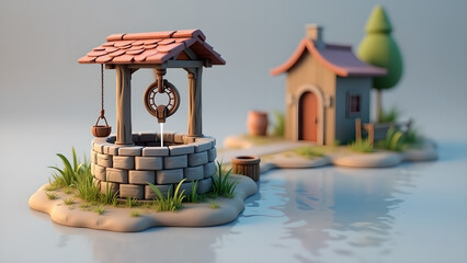 Charming village scene featuring a whimsical water well and quaint house reflecting in tranquil