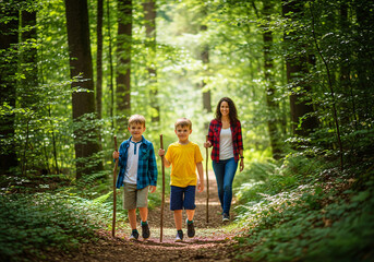 Fototapeta premium happy family mother and children with backpacks went hiking in forest